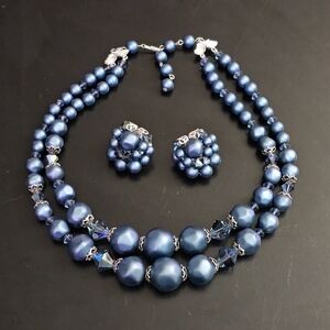 Art Mode Vintage Ingigo Faux Pearls Silver Accents Necklace Clip On Earrings
